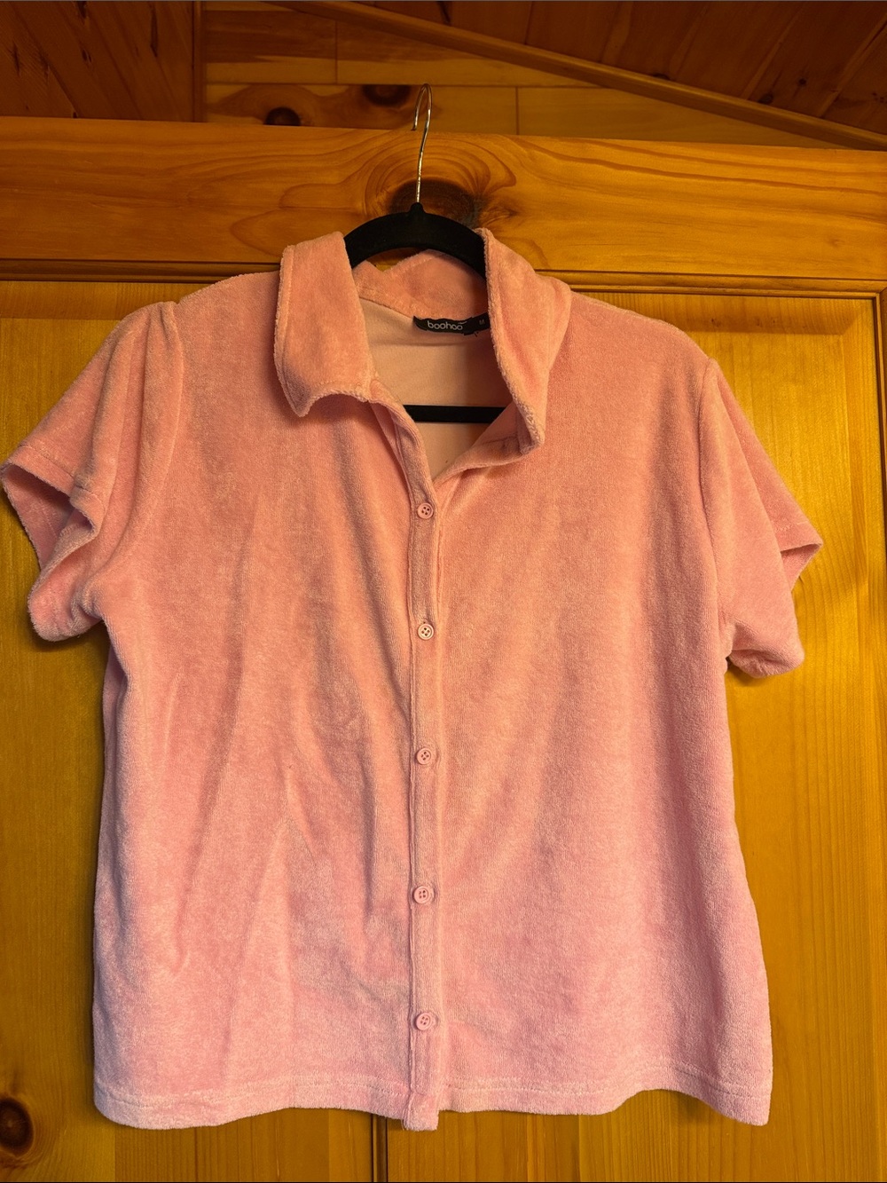 Boohoo M Light Pink Short-Sleeve Terry Button-Down Shirt